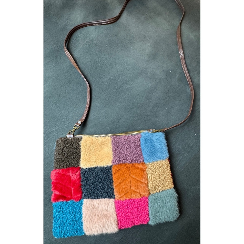 Natural Life Faux Fur Patchwork Crossbody Bag Multicolor Small Pouch Boho Teddy